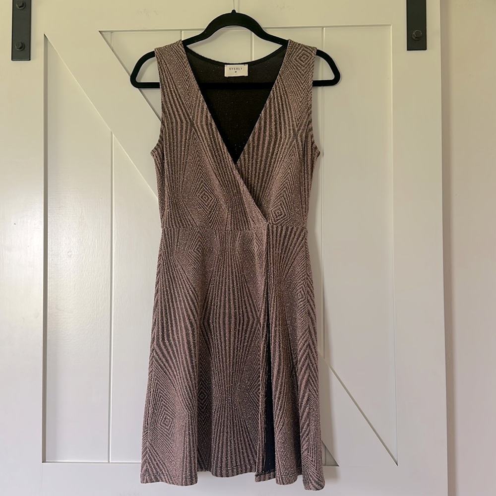 Everly Sleeveless Faux Wrap V-Neck Shimmer Metallic Pink Silver Dress